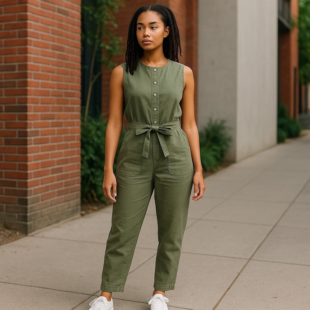 Nicole Miller 100% Linen Sleeveless 1/2 Button Down Green Jumpsuit